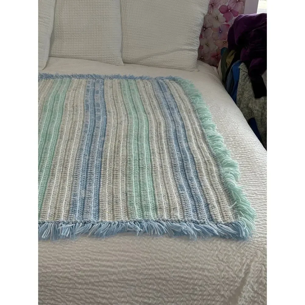 HANDMADE Crochet Afghan Throw Blanket 57x57 Pastel Blue Mint Fringed Cottagecore